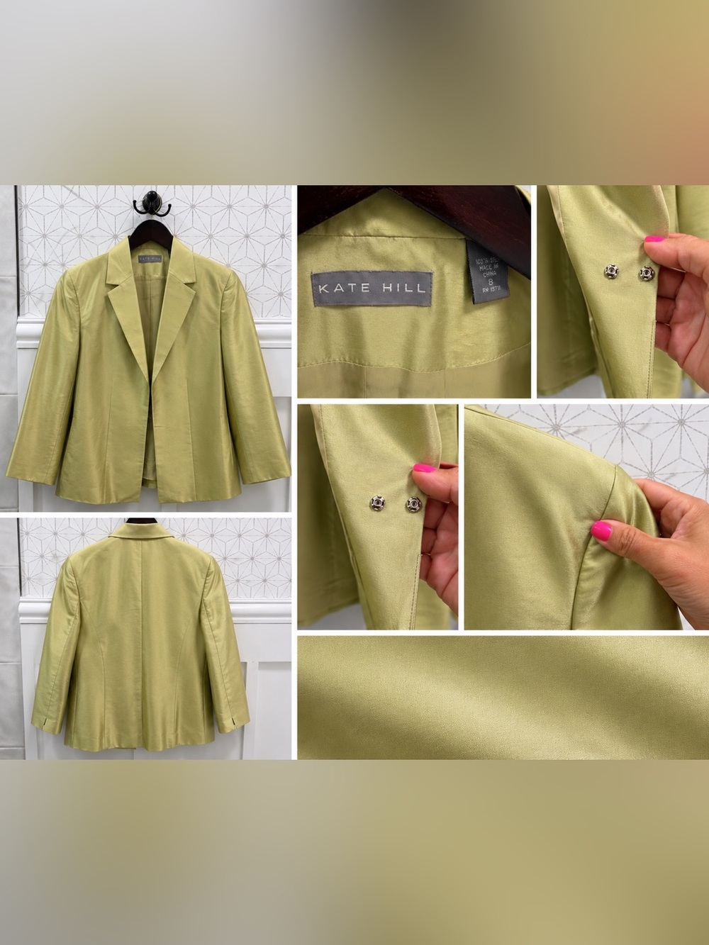 Kate Hill Chartreuse Sage Green Silk Blazer Size 8 Shoulder Pads